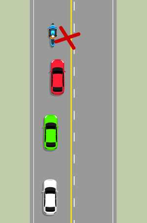 A road with two lanes and four vehicles travelling in the northbound lane. The front blue motorcycle is keeping as close to the left side of the road as possible, allowing the red car behind to pass it.