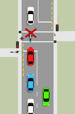 A line of cars are stopped at a red traffic signal. Pedestrians are crossing at the green pedestrian signal. A blue motorcycle is stopped in the middle of the intersection, blocking the pedestrian crossing.