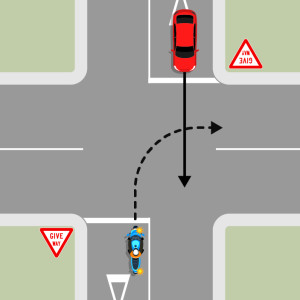 A blue motorcycle and a red car on opposite sides of the intersection behind give way signs. The blue motorcycle is turning right. The red car is driving straight through. The motorcycle must give way to the red car.