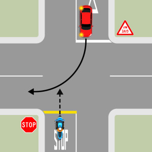 A blue motorcycle is waiting behind a stop sign and yellow line, they're travelling straight through. A red car is also waiting to turn right on the opposite road behind a give way sign and a white line. The motorcycle at the stop sign gives way to the re