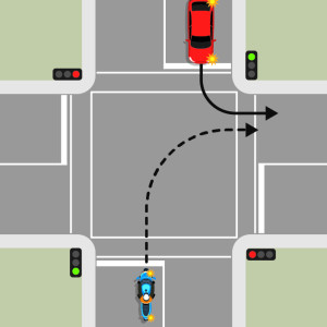 A blue motorcycle and a red car are on opposite sides of the intersection behind traffic lights. The motorcycle is turning right. The is turning left. The motorcycle must give way to the red car.