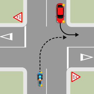 A blue motorcycle is indicating right at a 4-way intersection controlled by give way signs. An oncoming red car is indicating left. Neither have give way signs. The motorcycle must give way to the red car.