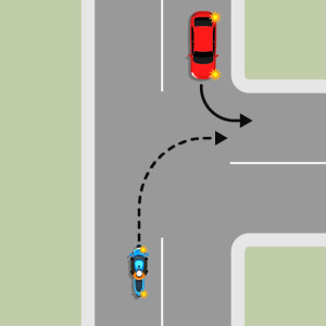 A blue motorcycle and a red car are travelling in opposite directions on the top of a T intersection. The motorcycle is indicating to turn right onto the bottom road, the red car turning left into the same road. The motorcycle must give way to the red car