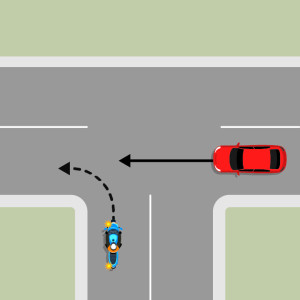 A blue motorcycle is indicating left to turn onto the continuing road of a T intersection. A red car is approaching from the right in the lane the blue car wants to enter. The blue car must give way to the red car.