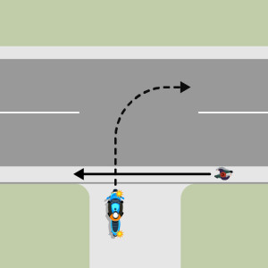 A blue motorcycle is indicating right to turn onto the continuing road from a driveway. A pedestrian is approaching from the right on a footpath. The motorcycle must give way to the bicycle.
