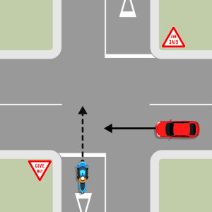 A blue motorcycle is travelling straight through a 4-way intersection. A red car is approaching from the right on the intersecting road, also travelling straight through. The blue car is behind a give way sign and white line.