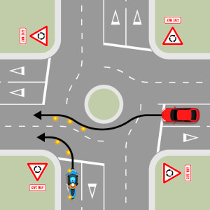 A blue motorcycle is approaching a multi-laned roundabout with four exits, each with give way signs. To the right of the blue car, a red car is approaching the roundabout to go straight through. The motorcycle is indicating left. 