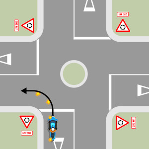 A blue motorcycle is approaching a single-laned roundabout with four exits, each with give way signs. The motorcycle is indicating to turn left.