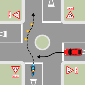 A blue motorcycle is approaching a single-laned roundabout with four exits, each with give way signs. To the right of the motorcycle, a red car is approaching the roundabout. Neither car is indicating. The motorcycle must give way to the red car.