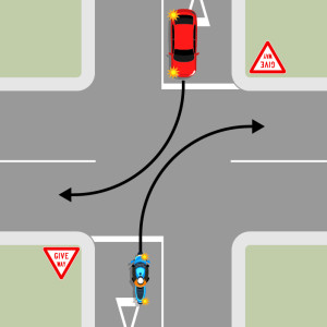 Two vehicles are stopped opposite each other at give way signs at an intersection. They are both indicating to turn right. Black arrows indicate the path they take to turn right. 