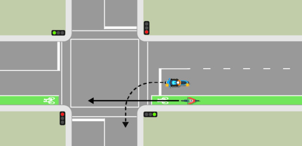 A blue motorcycle and a cyclist are a approaching a green light at an intersection. The blue car is turning left. The cyclist is in the bicycle lane and is travelling straight through. The motorcycle must give way to the cyclist.