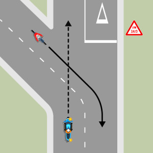 A blue motorcycle is approaching a Y intersection. The centre line curves left but the motorcycle is going straight through to the road on the right. A cyclist is going in the opposite direction. The motorcycle must give way to the cyclist.