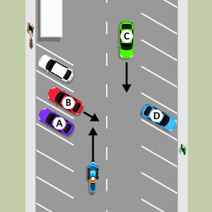 A motorcycle drives a laned road with four hazards. Hazard A is a parked purple car ahead on the left. Hazard B is a red car reversing out of a park into the motorcycle's path. Hazard C is an oncoming green car. Hazard D is a parked white car on the right