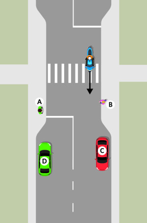 A blue motorcycle approaches a pedestrian crossing and four hazards. Hazard A: a person on the left footpath. Hazard B: a child on the right footpath, moving into the path of the motorcycle. Hazard C: parked car on the right. Hazard D: parked car on the l