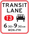 A white square with red border. The top black text reads transit lane. The centre left shows a red circle with white text that reads T3. The centre right shows a black car with 3 people. The bottom black text shows time and days.