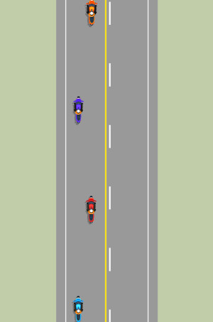 An orange motorcycle in front to the right of the lane, then a purple motorcycle behind and to the left of the lane. Behind them, a red motorcycle to the right of the lane and behind them a blue motorcycle to the left of the lane.