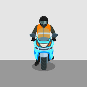 A blue motorcycle and rider face forward. The rider has both hands on the handlebars and one foot touching the ground.