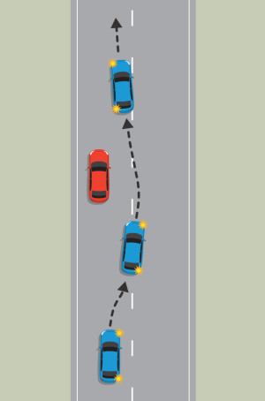 A blue car is shown passing a red car. Black dotted arrows show the progression. The blue car moves to the broken white centre line and crosses over it as it passes the red car. Once passed, the blue car pulls back into the lane in front of the red car.