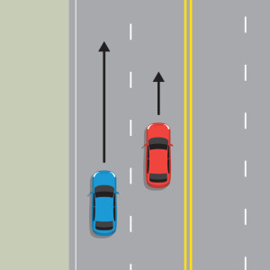 A blue car and a red are are travelling along the road in the same direction. Black arrows indicate the direction the cars are travelling. 