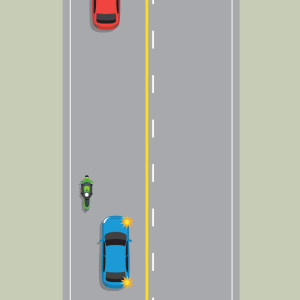 A blue car indicates right and passes a motorcycle but stays in the same lane. The solid yellow no passing line is on the left side of the centre line, the right shows broken white lines.