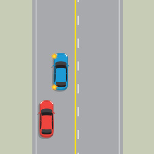 A blue car indicates left to finish passing a red car without crossing the centre line. The solid yellow no passing line is on the left side of the centre line, the right shows broken white lines.