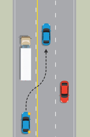 A blue car and a truck have a single lane. The blue car wants to pass the truck. The cars travelling in the opposite direction have 2 lanes. The blue car crosses into the opposing traffic's lane to pass the truck. Black dotted arrows show the progression.