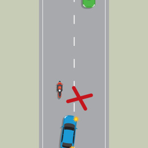 A blue car is attempting to pass a motorcycle, the green car is closer than 100 metres. A red X indicates this is the wrong thing to do.
