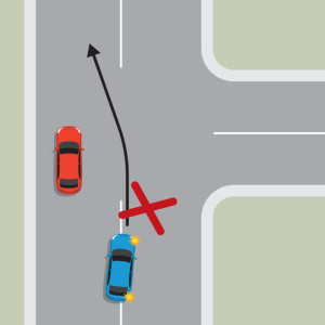A blue car is attempting to pass a red car at a T intersection. A red X indicates this is the wrong thing to do.