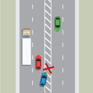 On a 4 laned road with a flush median for a centre line a blue car is attempting to use the flush median to pass a truck and a red car taking up both the lanes. A red X indicates this is the wrong thing to do.