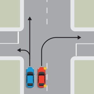 A blue car and a red car are travelling in the same direction using the single lane on their side of the road. Black arrows indicate the blue car can travel straight ahead or turn left. A black arrow indicates the red car can turn right.