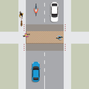 A brown strip crosses the road horizontally, marking where to cross the road. Two pedestrians are crossing here while a blue and white car wait on either side.
