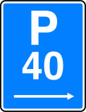 A blue and white sign reading P 40, with an arrow pointing to the right.