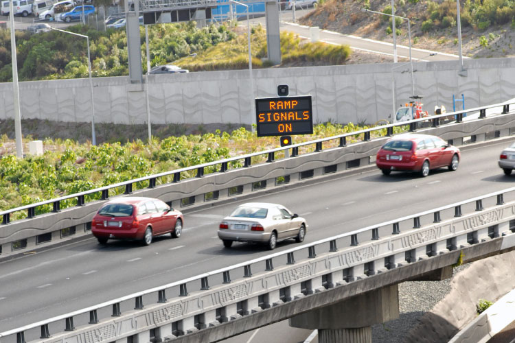 onramp with traffic showing fixed variable message sign