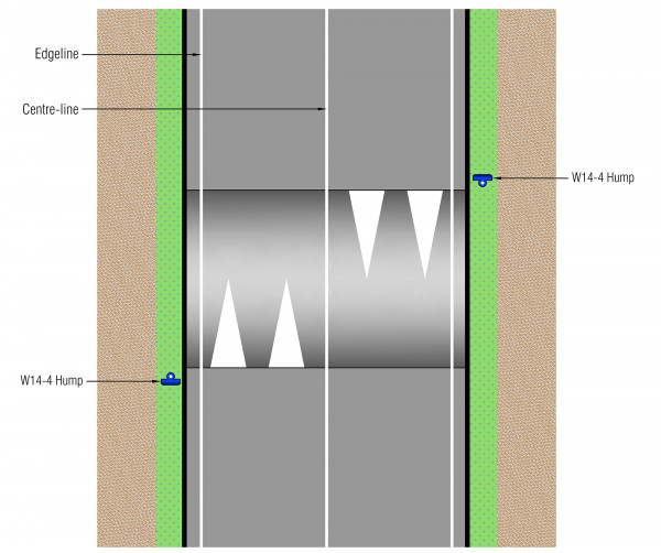 Image that shows typical layout markings for a speed hump installed from kerb face to kerb face