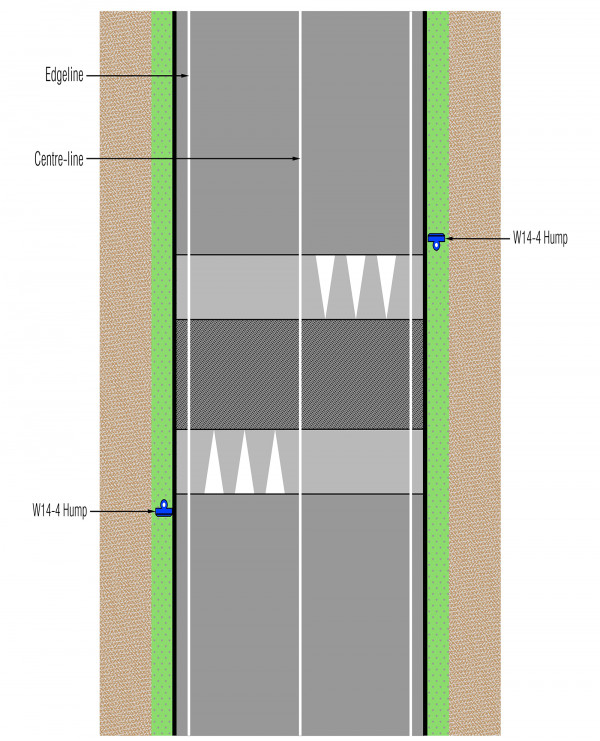 Layout that shows markings applied to raised tables and pedestrian platforms