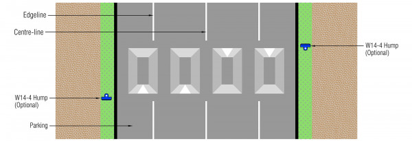 General layout showing edgeline, centre-line and hump where a speed cushion is not located on the centre-line