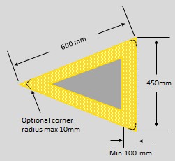 Open triangular marking which has a specific details of 450mm, 600mm, min 100mm and optional corner radius max 10mm