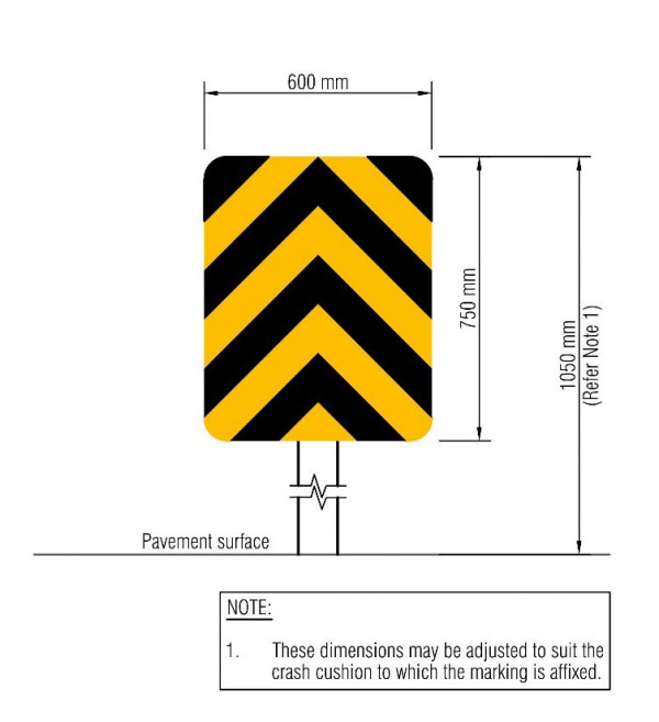 Signage for the road safety barrier which shows black and yellow chevron with dimensions