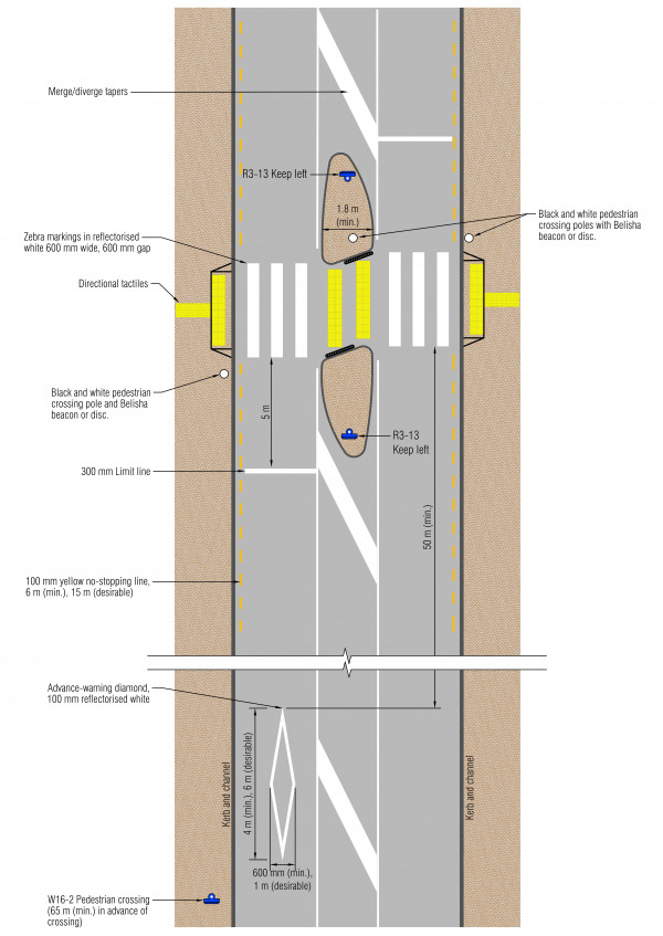 Layout of typical pedestrian crossing zebra with pedestrian refuge island in a flush with dimensions and markings