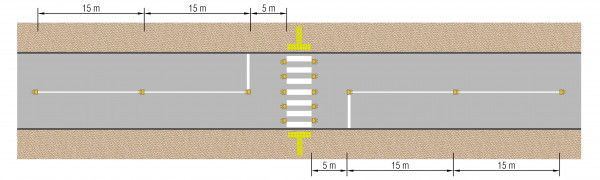 Diagram which shows the placement of warning lights for two-lane undivided roadway and its distance