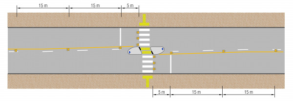 Diagram which shows the placement of warning lights for two-lane undivided roadway with pedestrian refuge island and its distance