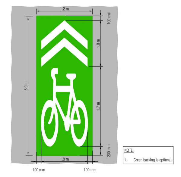 An illustration showing a reflectorised white cycle symbol along with two relfectorised white chevron marking with the layout and minimum dimensions