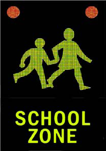 Sign with children symbol and school zone text