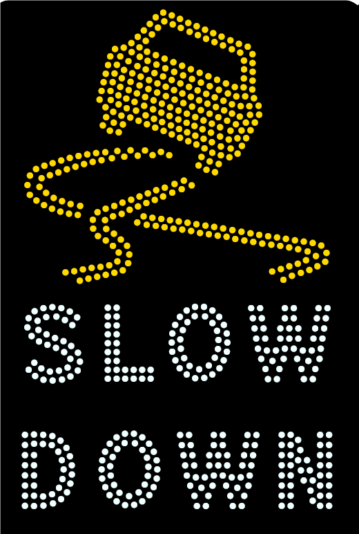 Car skidding symbol with slow down message sign