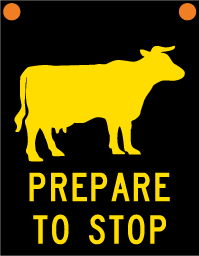 Sign consists of a yellow reflectorised cow symbol and prepare to stop text