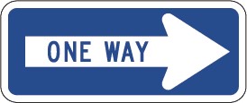 Traffic sign with words one way inside the white arrow pointing to the right on the blue rectangular background