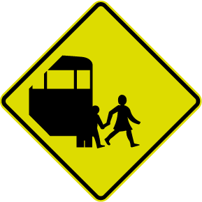 School bus sign of children alighting from bus symbol displayed on a yellow background diamond sign plate