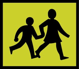 School bus sign which displays symbolic children on a yellow background