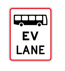 Traffic sign which displays a bus symbol and words ev lane underneath