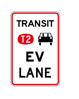 Traffic sign which says transit T2 with car symbol and EV lane underneath